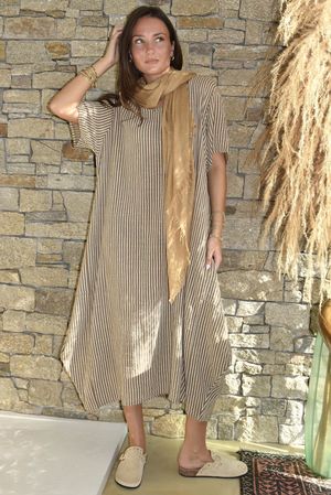 Salcombe Chalk Stripe Cotton Cocoon Dress Tan